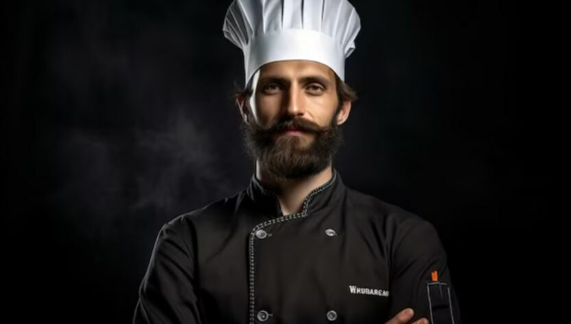 a bearded man in chef’s uniform standing with his arms crossed