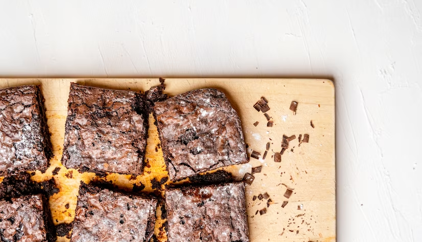 Chocolate Brownie at Wooden Tray