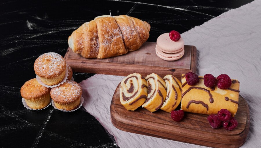Variety of pastries displayed on separate plates together